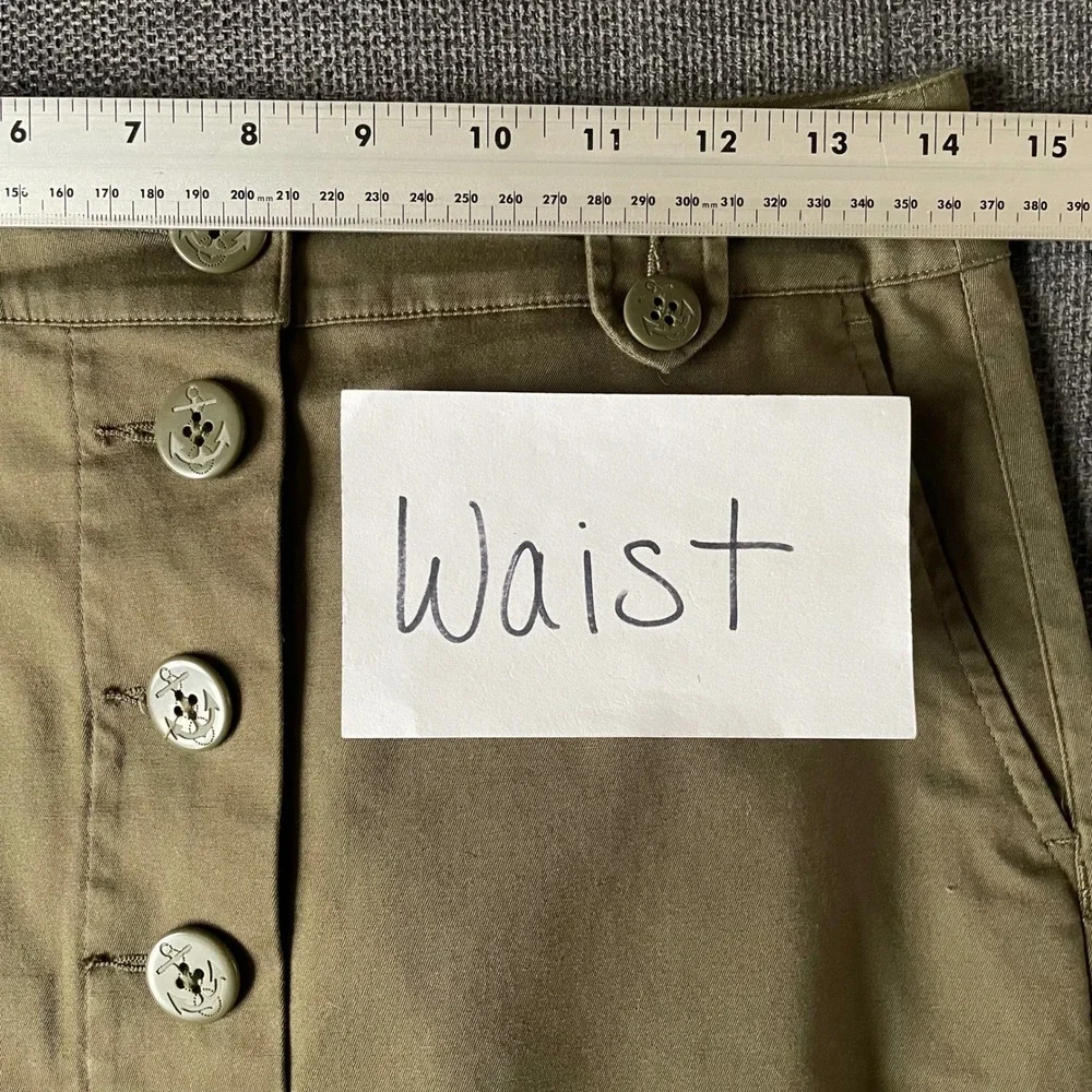 Talbots Petites Button Front Khaki Skirt Olive Green Anchor Buttons Sz 2P Cotton
